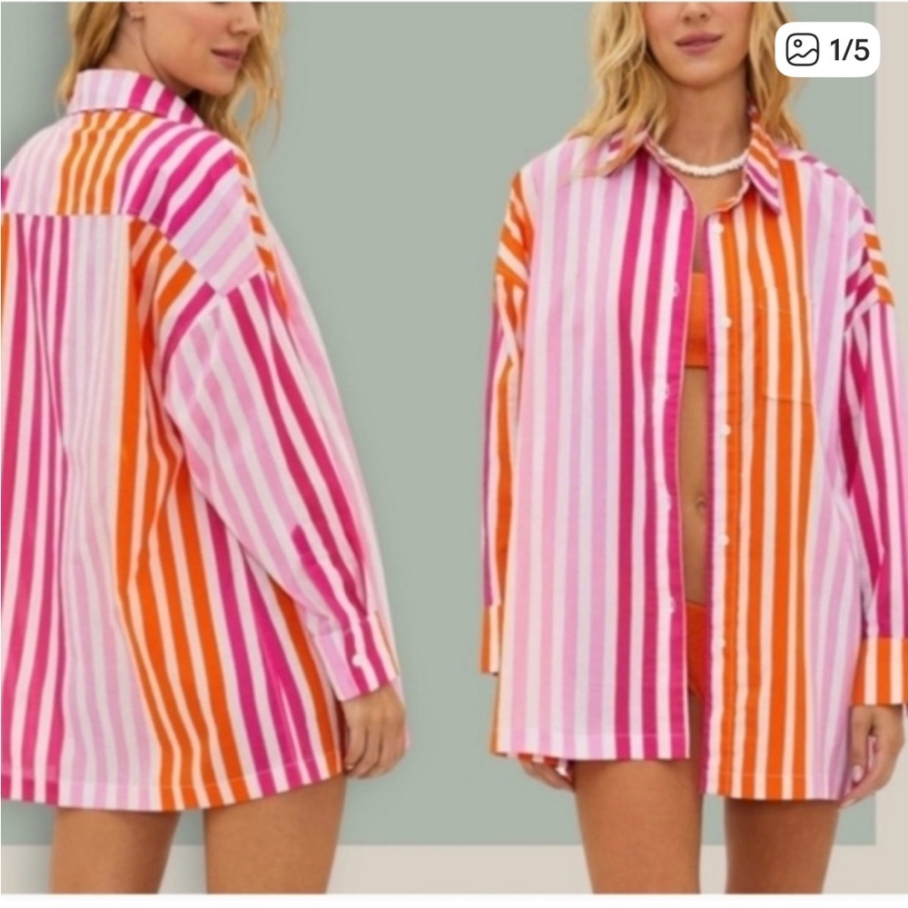 Beach Riot NWOT Alexa Tunic Pink Orange Stripe Button Front Shirt Swim Coverup